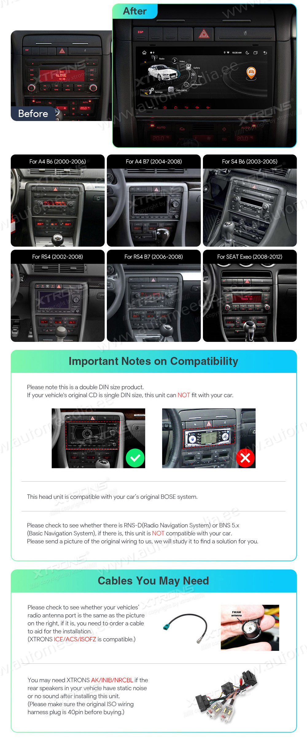 XTRONS Audi  mallikohtaisen multimediaradion soveltuvuus autoon