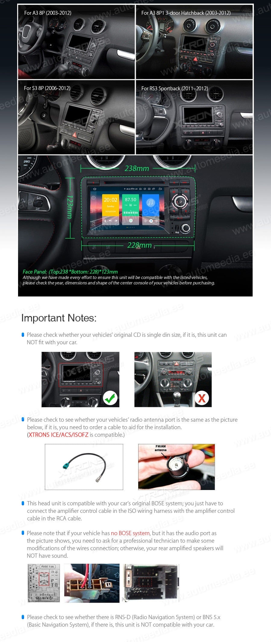 Audi A3 (2003-2012) XTRONS IN70A3AR XTRONS IN70A3AR custom fit multimedia radio suitability for the car