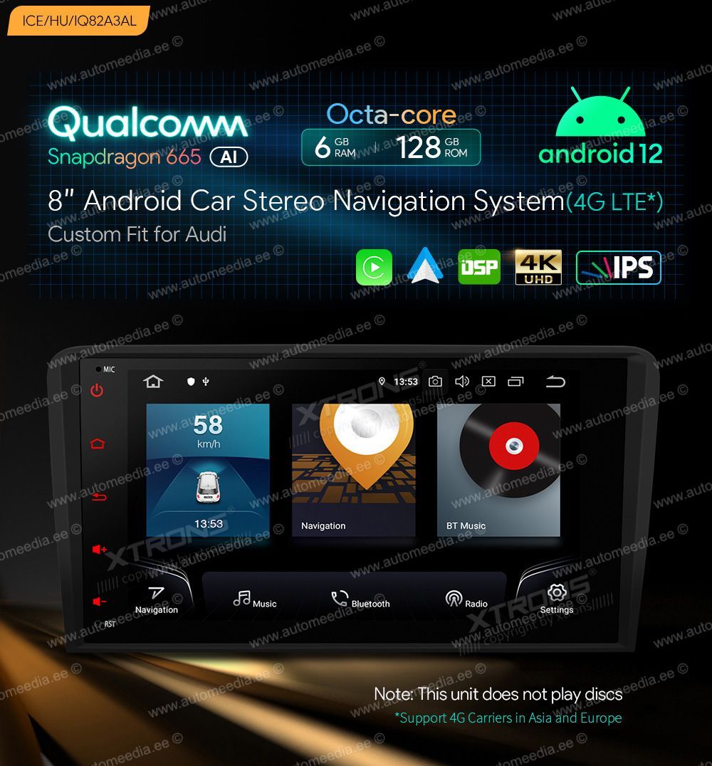 Audi A3 (2003-2012)  XTRONS IQ82A3AL merkkikohtainen Android GPS multimedia näyttösoitin