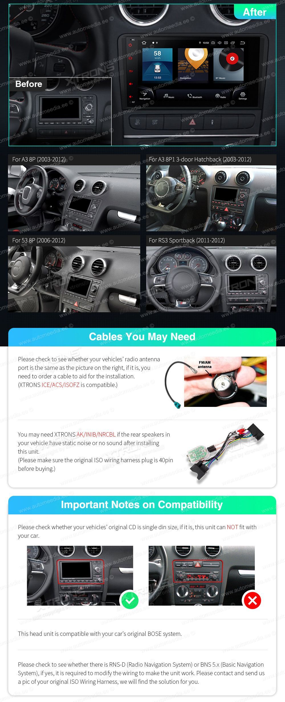 Audi A3 (2003-2012)  custom fit multimedia radio suitability for the car