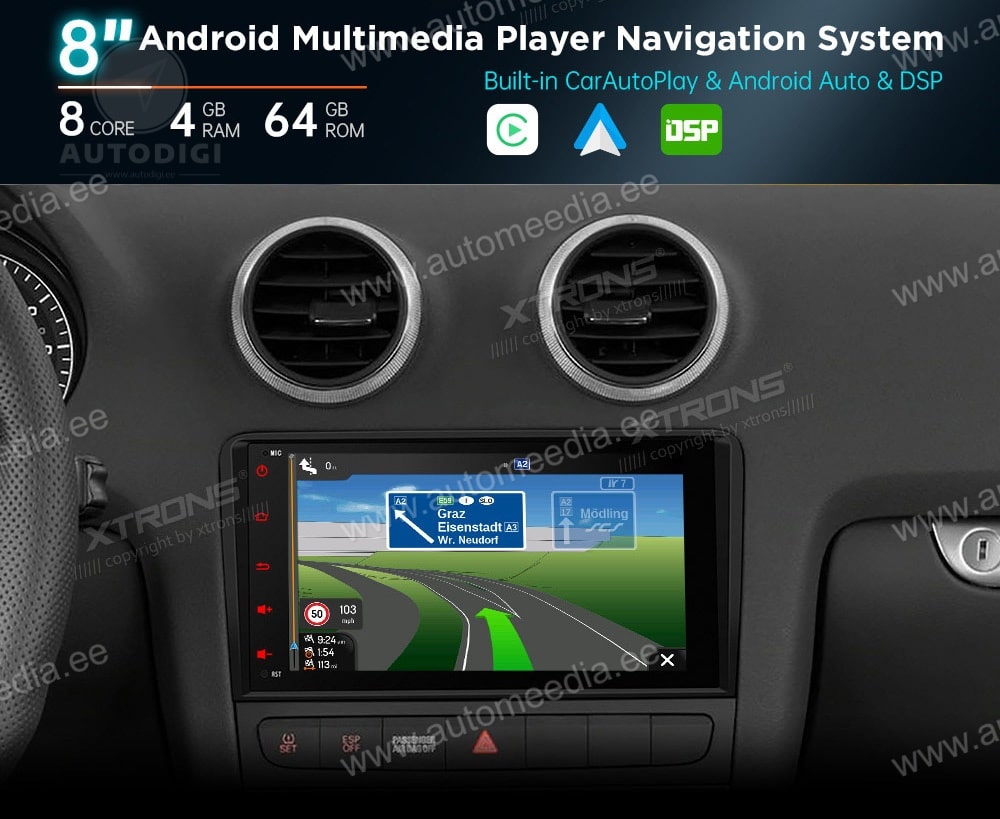 Audi A3 (2003-2012) XTRONS MA80A3AL merkkikohtainen Android GPS multimedia näyttösoitin