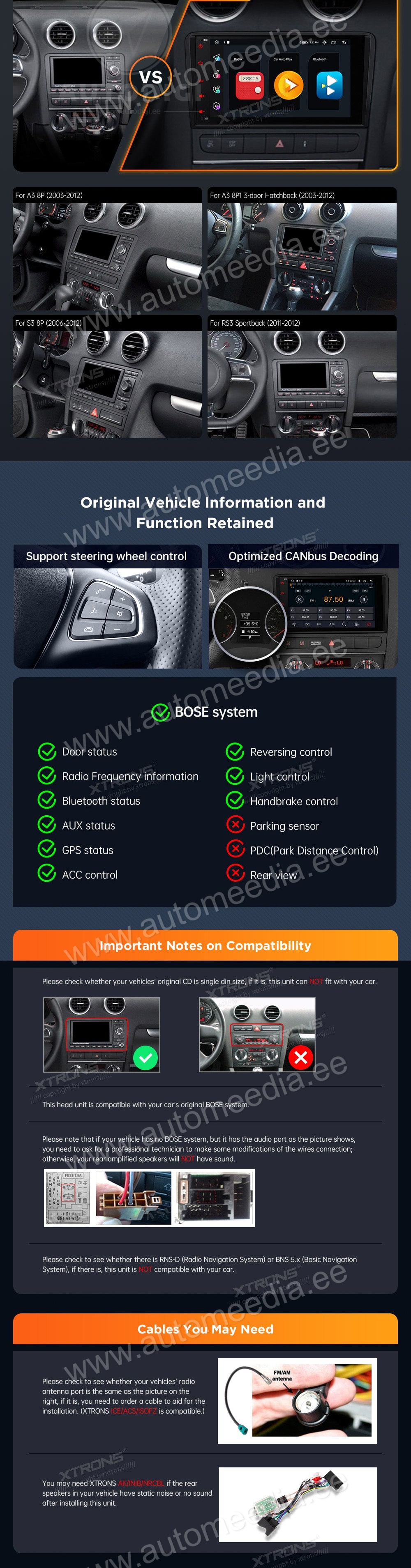 Audi A3 (2003-2012) XTRONS MA80A3AL XTRONS MA80A3AL совместимость мультимедийного радио в зависимости от модели автомобиля