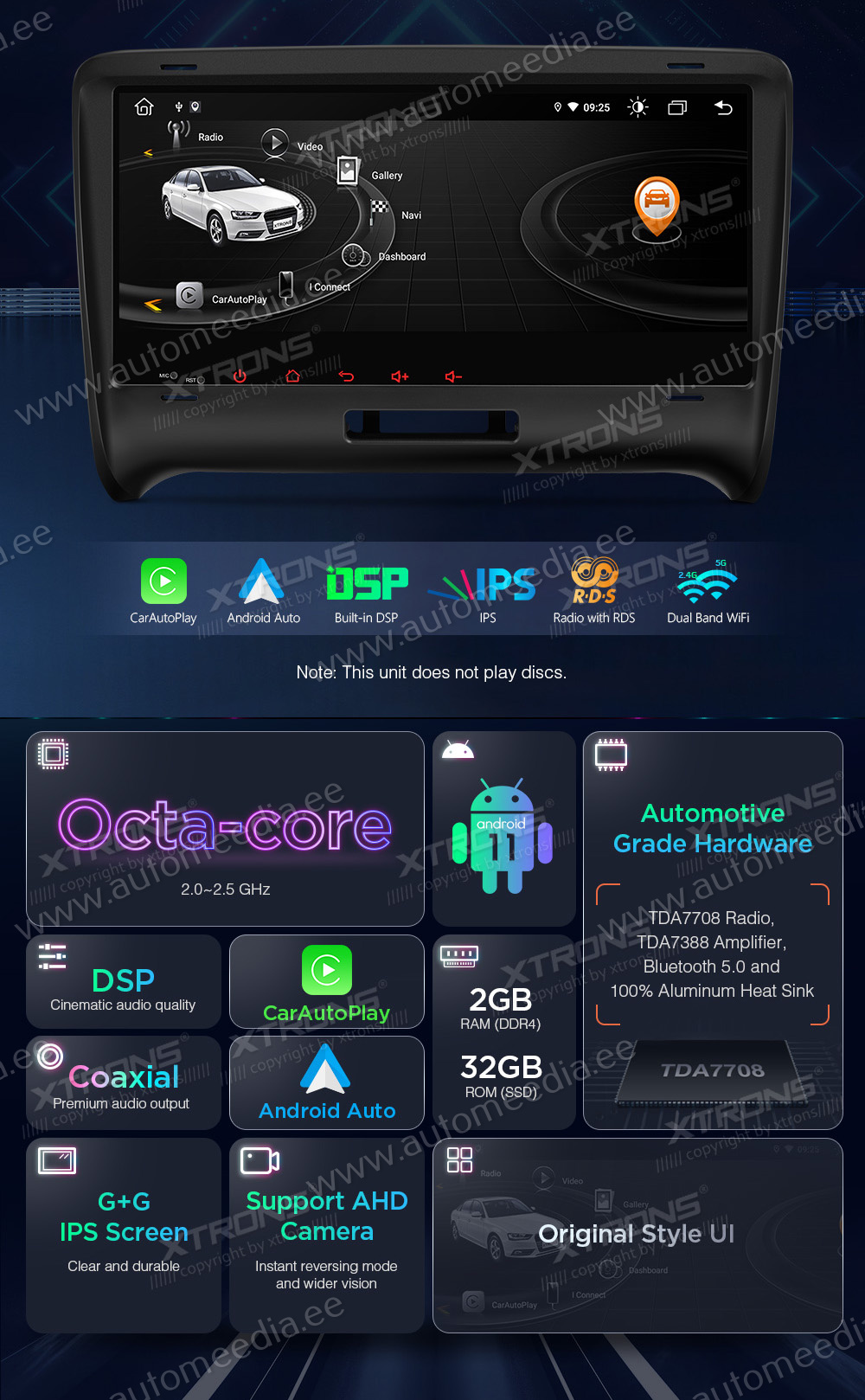 Audi TT (2006-2012)  XTRONS PE82ATTLH merkkikohtainen Android GPS multimedia näyttösoitin