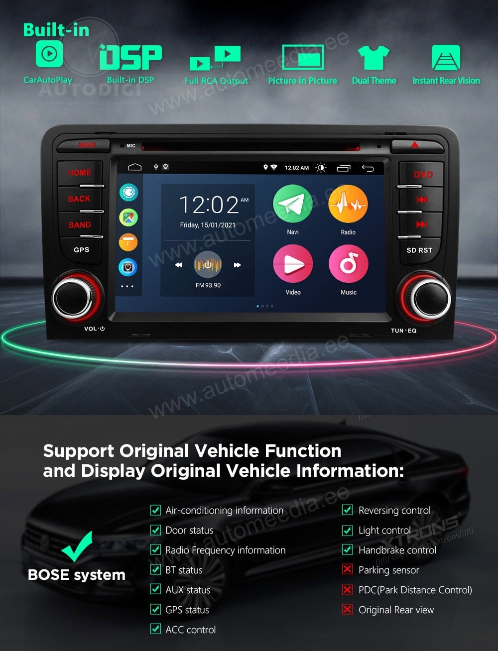 Audi A3 (2003-2012) XTRONS PSA70AA3 merkkikohtainen Android GPS multimedia näyttösoitin