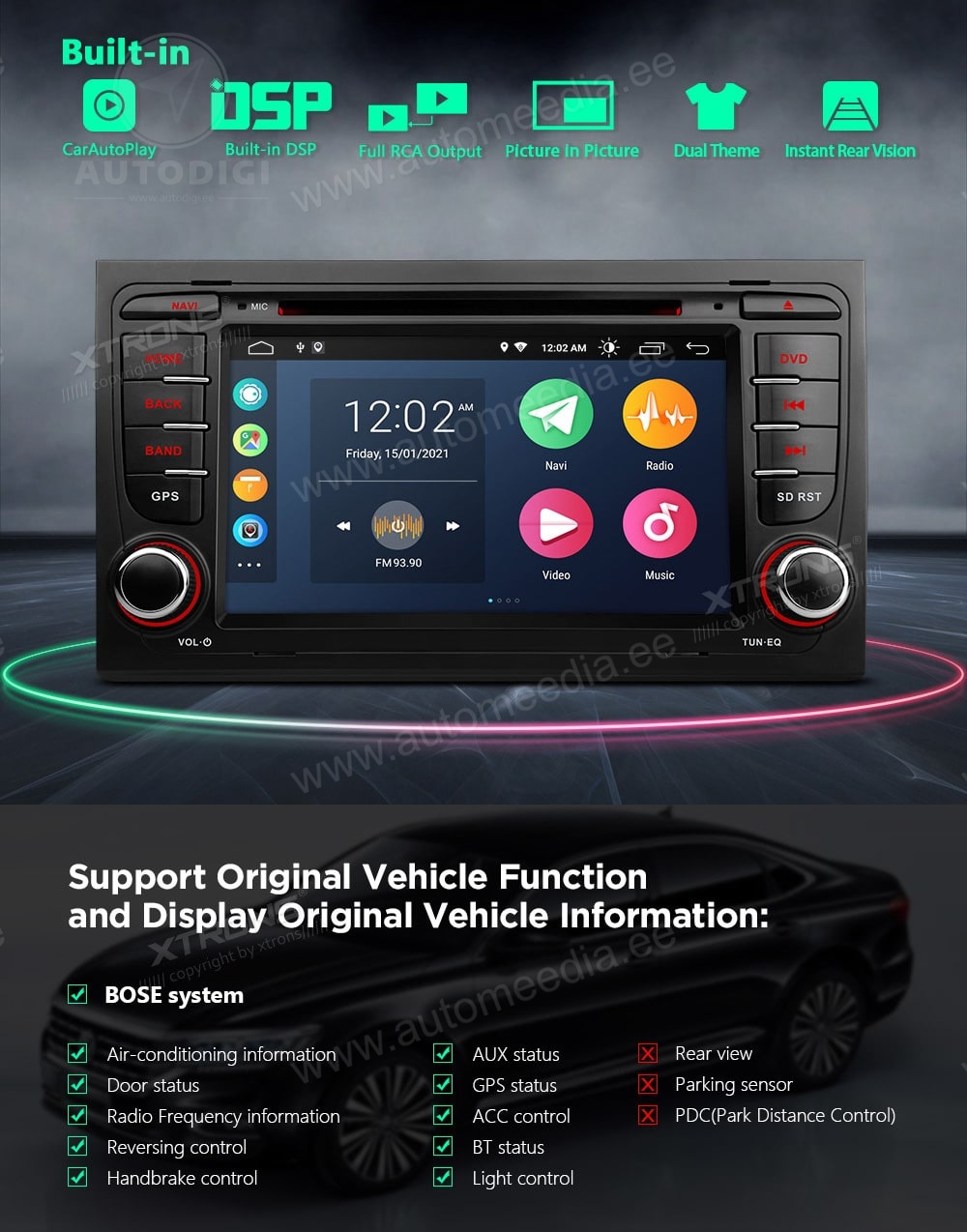 Audi A4 | B5 (2002-2008) XTRONS PSA70AA4 merkkikohtainen Android GPS multimedia näyttösoitin