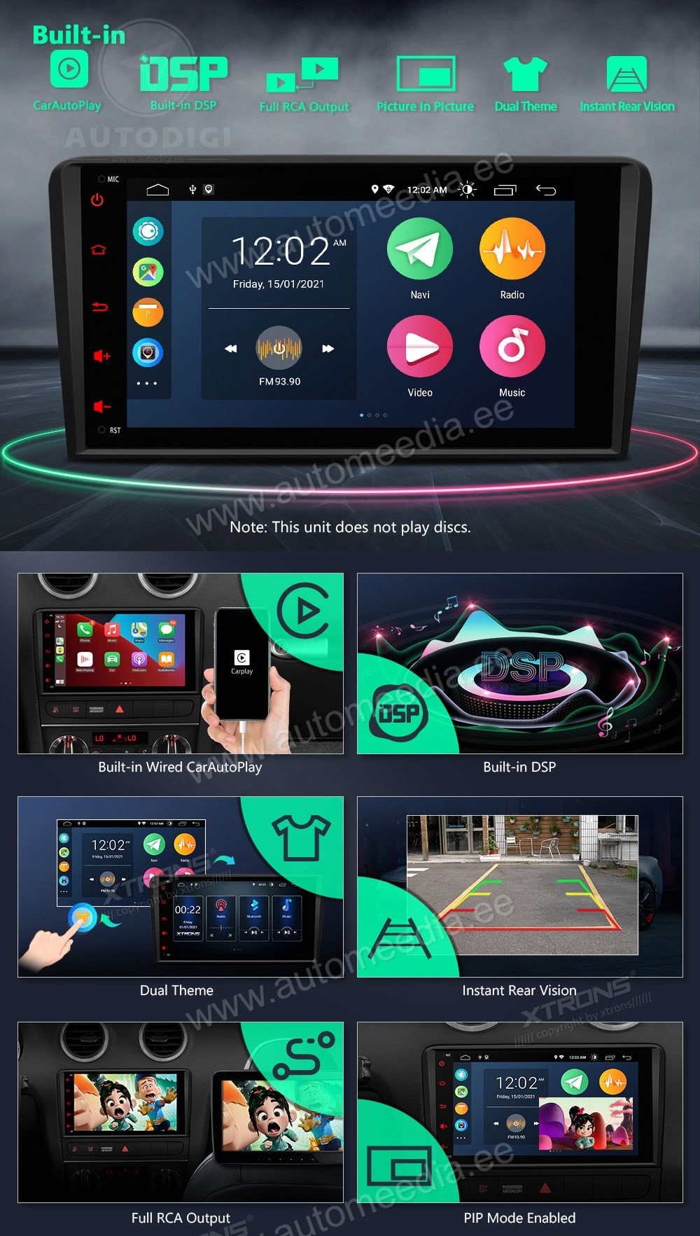 Audi A3 (2003-2012) XTRONS PSA80A3AL merkkikohtainen Android GPS multimedia näyttösoitin