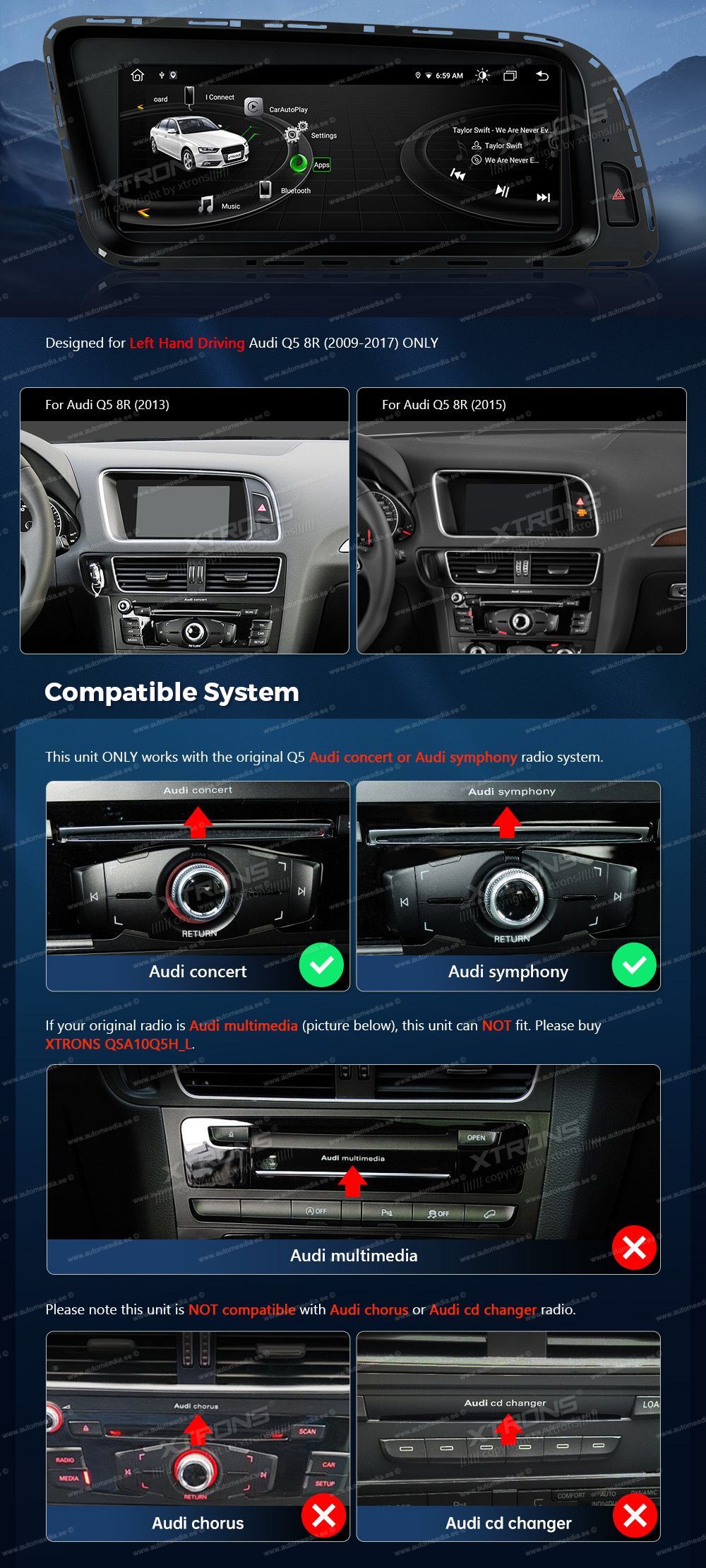 Audi Q5 (2009 - 2017) | Audi concert | Audi symphony  custom fit multimedia radio suitability for the car