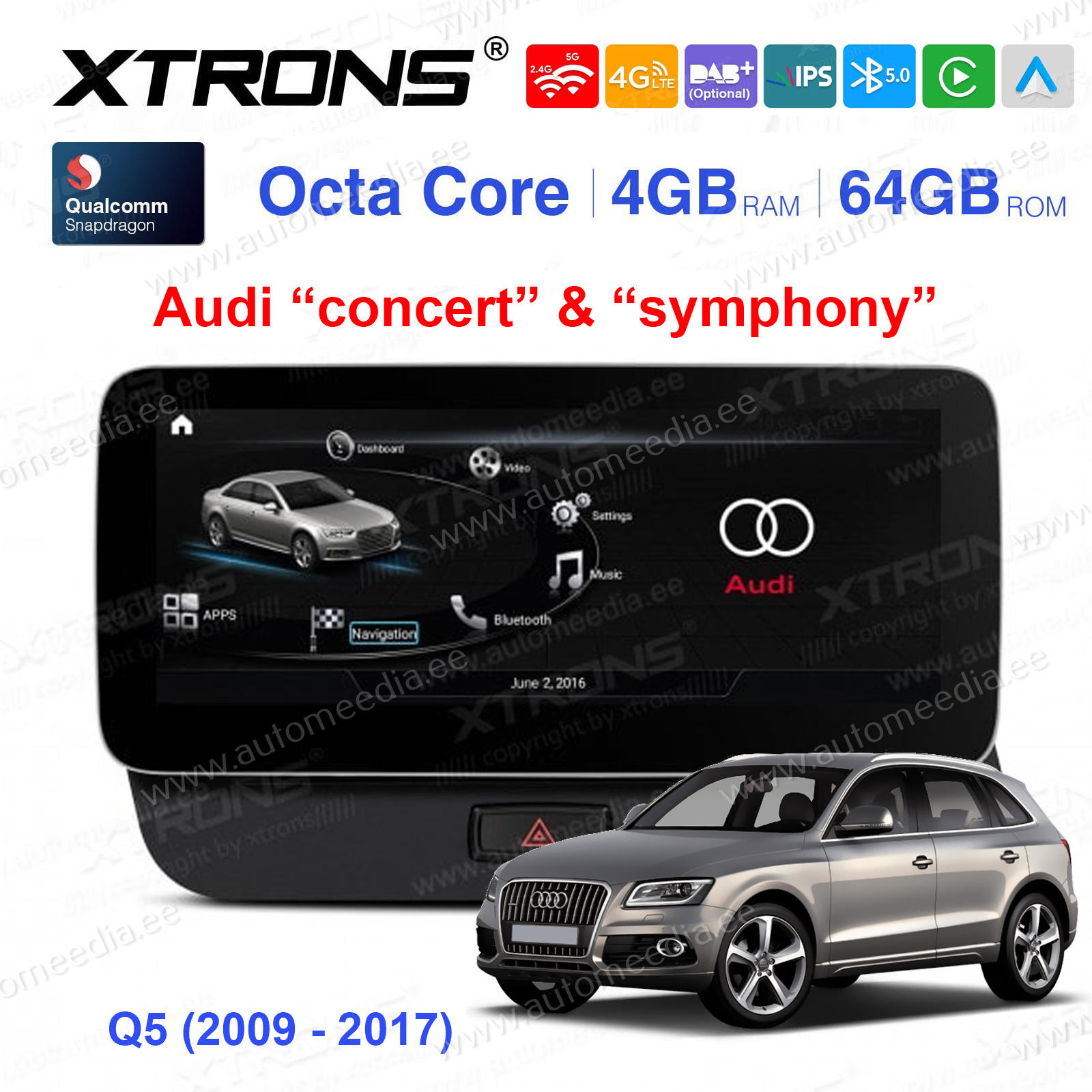 Audi Q5 (2009 - 2017) | Audi concert | Audi symphony Android 12 auto GPS radio ja multimedia näyttösoitin