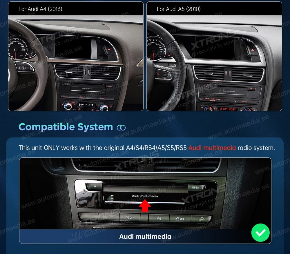 Audi A4 (2009 - 2016) | A5 (2008-2015) | Audi multimedia  XTRONS QA10A4H_LS XTRONS QA10A4H_LS совместимость мультимедийного радио в зависимости от модели автомобиля