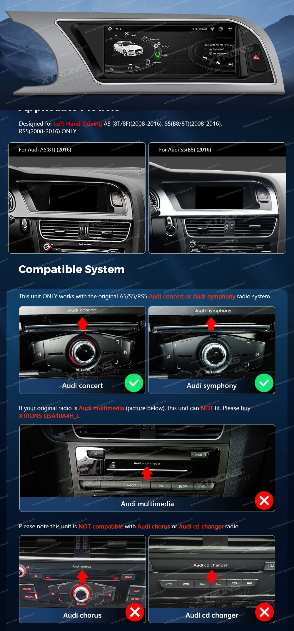 Audi A5 (2008 - 2016) | Audi concert & Audi symphony  custom fit multimedia radio suitability for the car