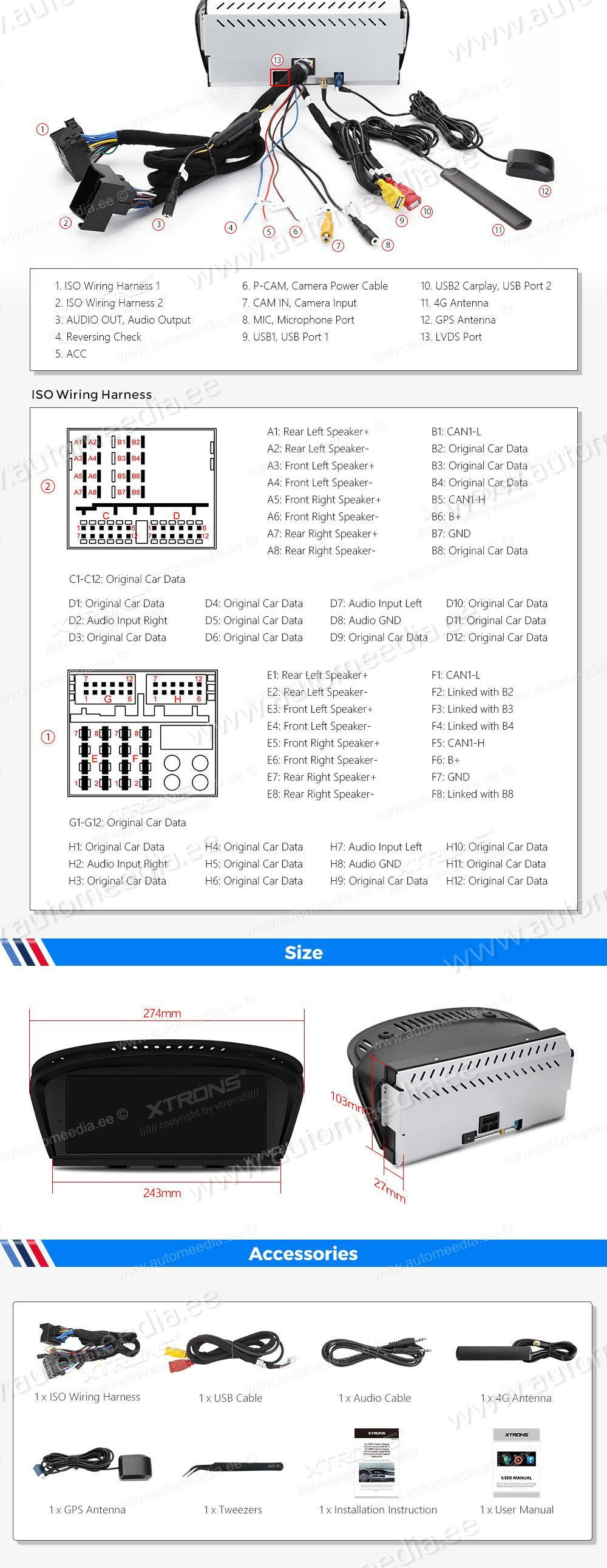 BMW 5.ser | BMW 3.ser | E60 | E61 | E90 | E92 | E93 iDrive CIC (2009-2012)  XTRONS QEB8260CI XTRONS QEB8260CI Wiring Diagram and size