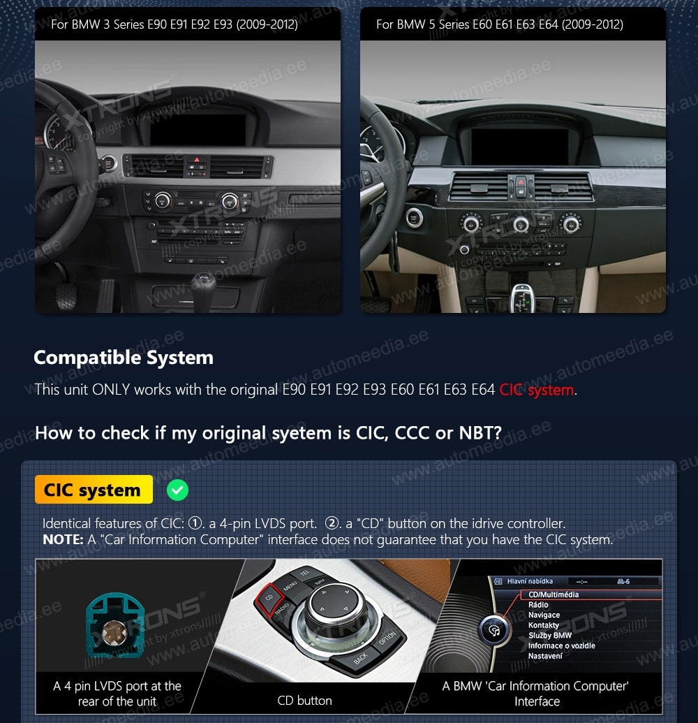 BMW 5.ser | BMW 3.ser | E60 | E61 | E90 | E92 | E93 iDrive CIC (2009-2012)  custom fit multimedia radio suitability for the car