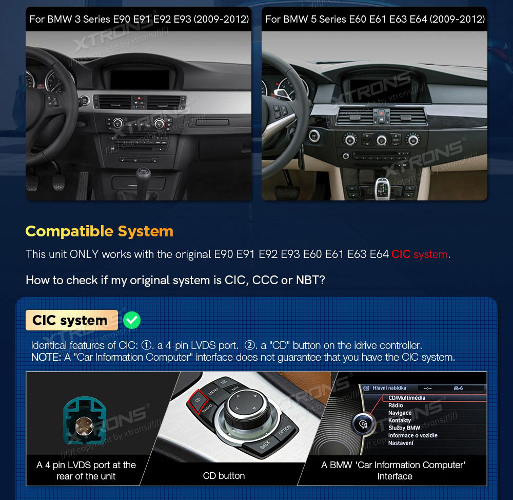 BMW 5.ser | BMW 3.ser | E60 | E61 | E90 | E92 | E93 iDrive CIC (2009-2012)  custom fit multimedia radio suitability for the car