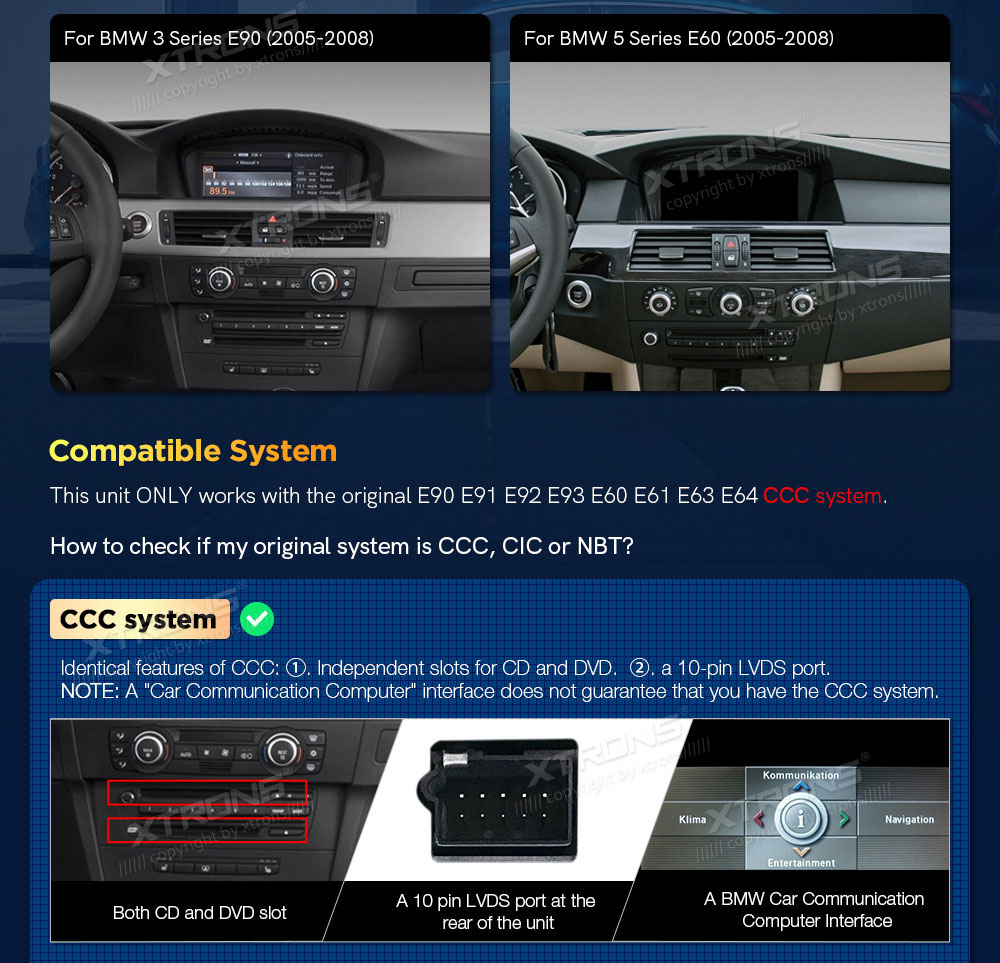 BMW 5.ser | BMW 3.ser | E60 | E61 | E90 | E92 | E93 iDrive CCC (2004-2008)  custom fit multimedia radio suitability for the car