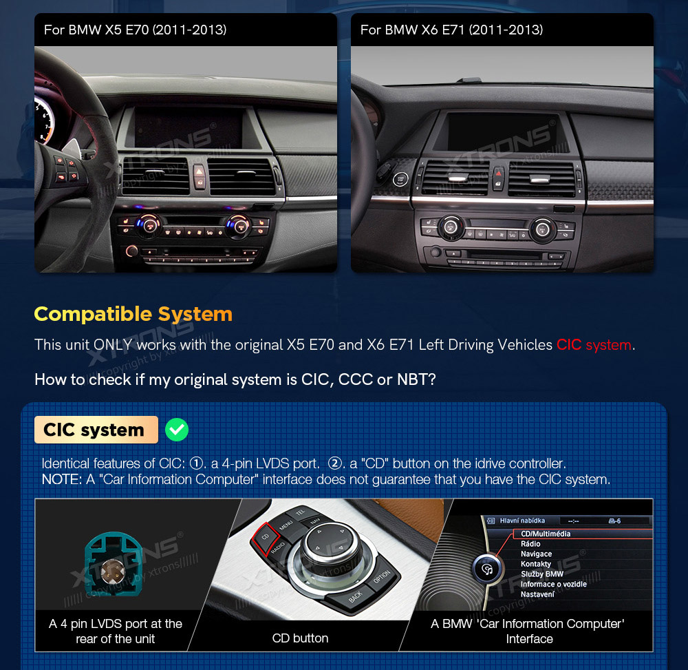 BMW X5 | X6 | E70 | 71 iDrive CIC (2010-2014)  совместимость мультимедийного радио в зависимости от модели автомобиля