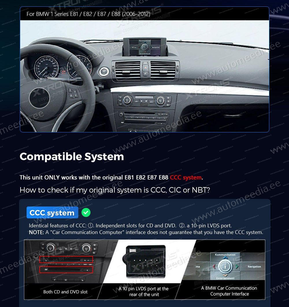 BMW 1. ser. E81 | E82 | E87 | E88 (2006-2009) iDrive CCC  custom fit multimedia radio suitability for the car