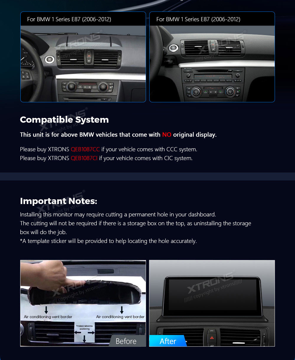 BMW 1. ser. E81 | E82 | E87 | E88 (2004-2012) w/o orig. screen  custom fit multimedia radio suitability for the car