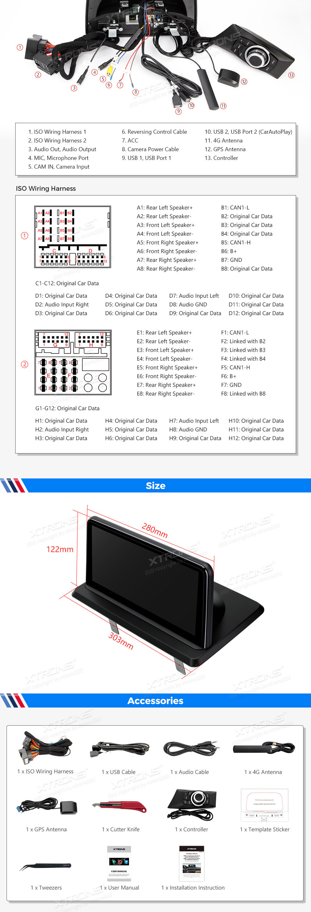 BMW 1. ser. E81 | E82 | E87 | E88 (2004-2012) w/o orig. screen  XTRONS QEB1287UN_L XTRONS QEB1287UN_L Wiring Diagram and size