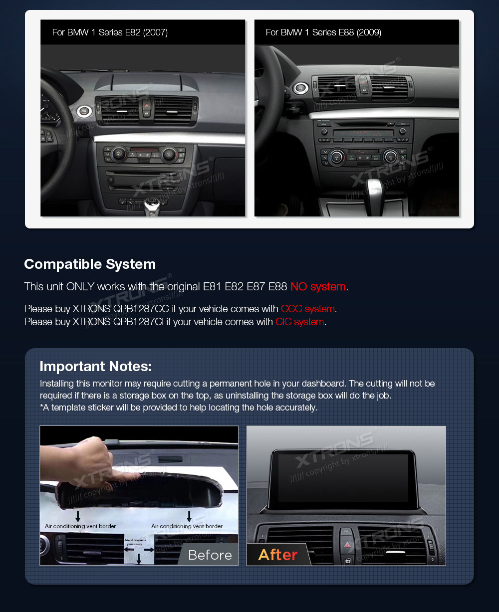 BMW 1. ser. E81 | E82 | E87 | E88 (2004-2012) w/o orig. screen  совместимость мультимедийного радио в зависимости от модели автомобиля