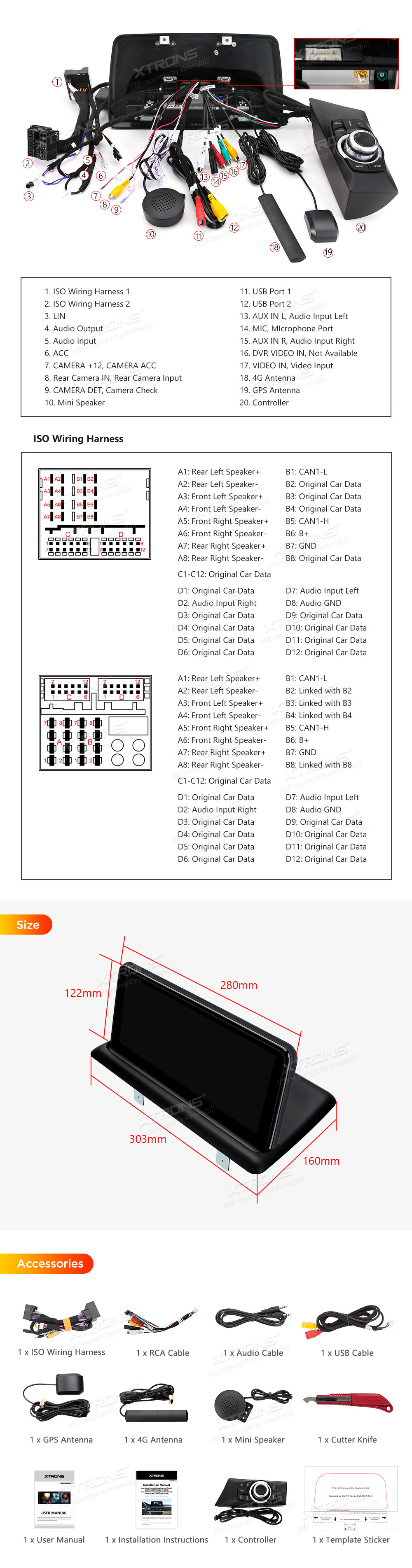 BMW 1. ser. E81 | E82 | E87 | E88 (2004-2012) w/o orig. screen  XTRONS QPB1287UN_L XTRONS QPB1287UN_L Wiring Diagram and size