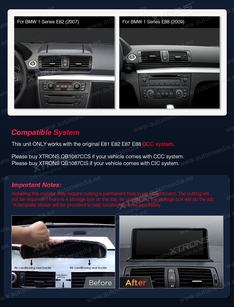 BMW 1. ser. E81 | E82 | E87 | E88 (2004-2012) w/o orig. screen  custom fit multimedia radio suitability for the car