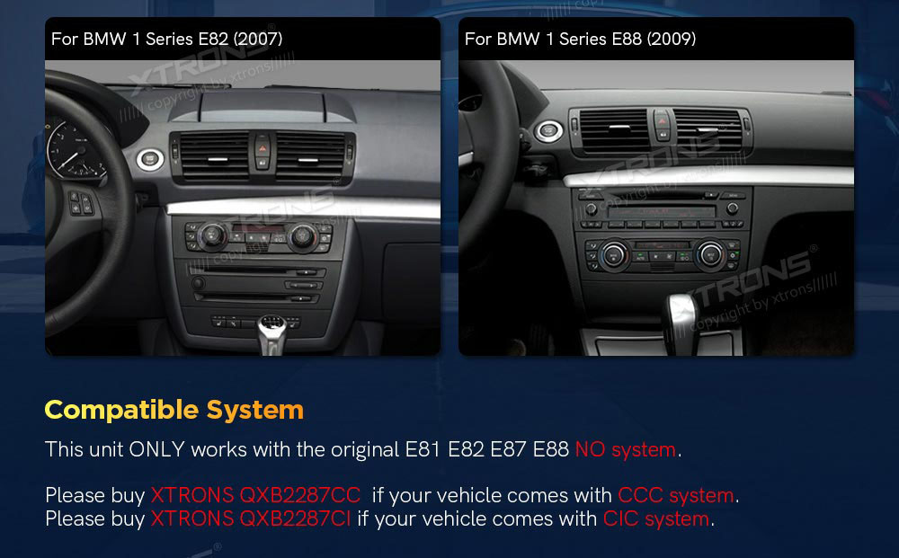 BMW 1. ser. E81 | E82 | E87 | E88 (2004-2012) w/o orig. screen  совместимость мультимедийного радио в зависимости от модели автомобиля