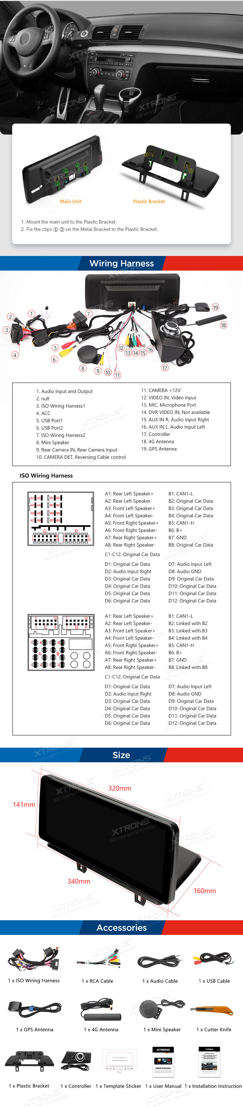 BMW 1. ser. E81 | E82 | E87 | E88 (2004-2012) w/o orig. screen  XTRONS QXB2287UN_L XTRONS QXB2287UN_L Wiring Diagram and size