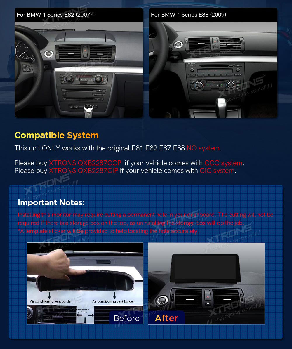 BMW 1. ser. E81 | E82 | E87 | E88 (2004-2012) w/o orig. screen  custom fit multimedia radio suitability for the car