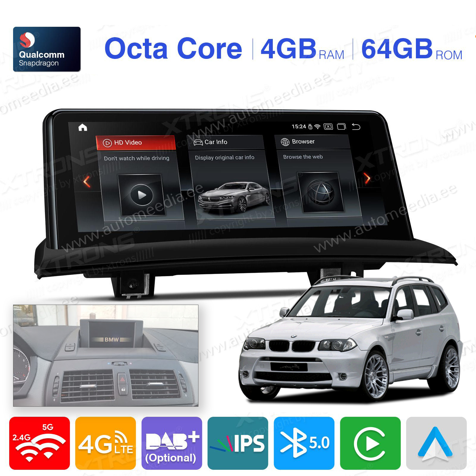 Autoradio Xtrons GPS Fiat Panda Android 11 Carplay Voiture Wifi 4GB RAM +  64GB