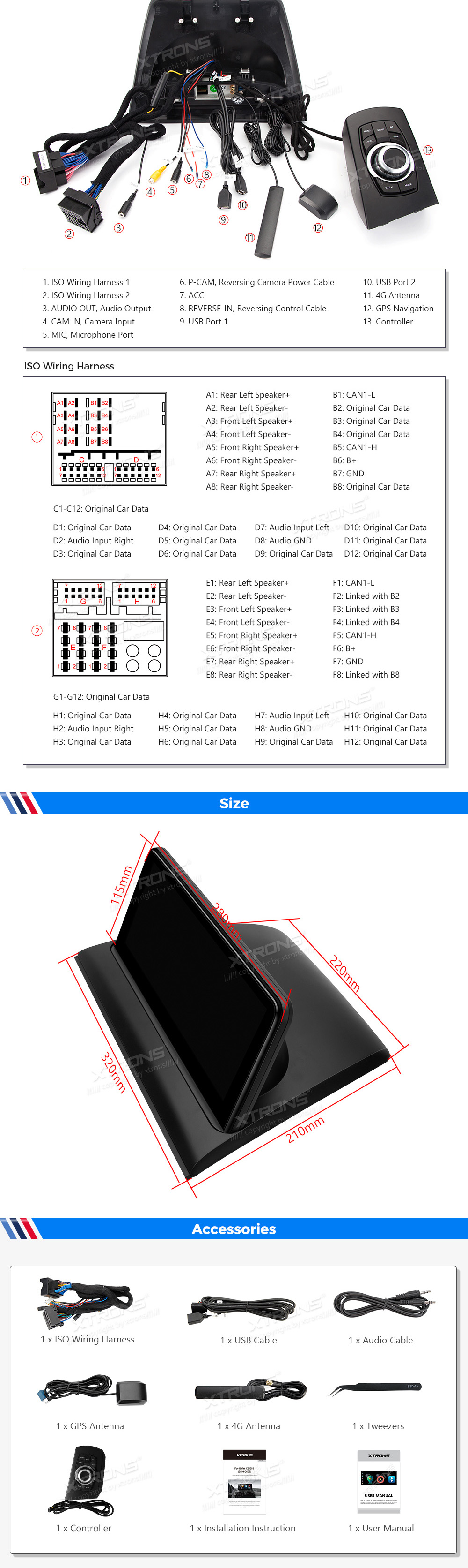 BMW X3 E83 (2004-2009) w/o orig. screen  XTRONS QEB12X3UN_L XTRONS QEB12X3UN_L Wiring Diagram and size