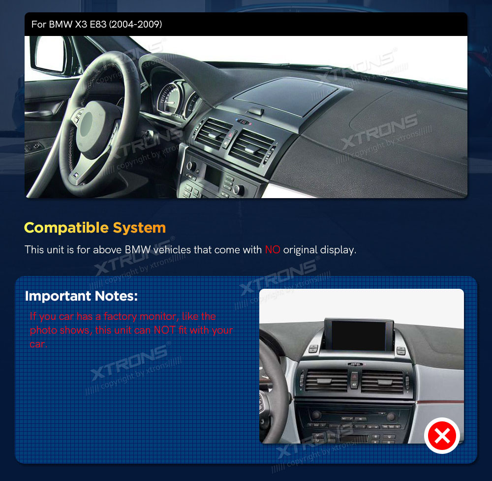 BMW X3 E83 (2004-2009) w/o orig. screen  custom fit multimedia radio suitability for the car