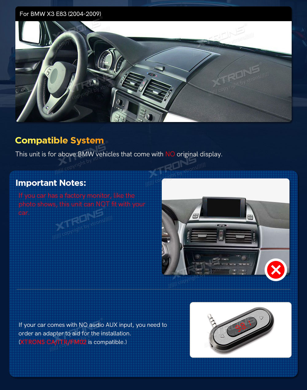 BMW X3 E83 (2004-2009) w/o orig. screen  custom fit multimedia radio suitability for the car