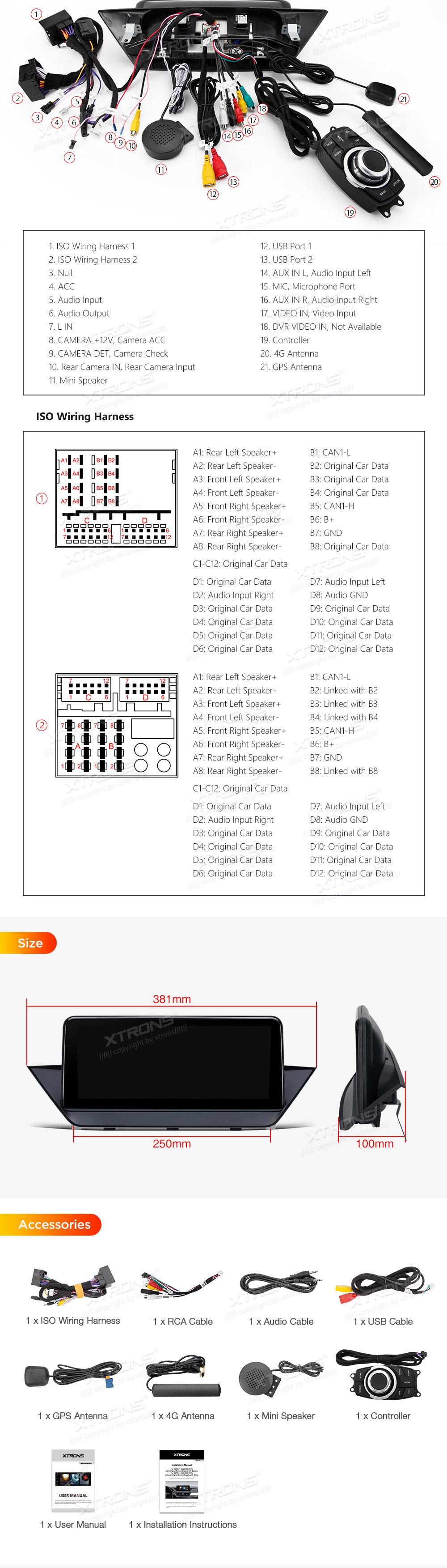 BMW X1 E84 (2009-2015) w/o orig. screen  XTRONS QPB12X1UNP XTRONS QPB12X1UNP Wiring Diagram and size