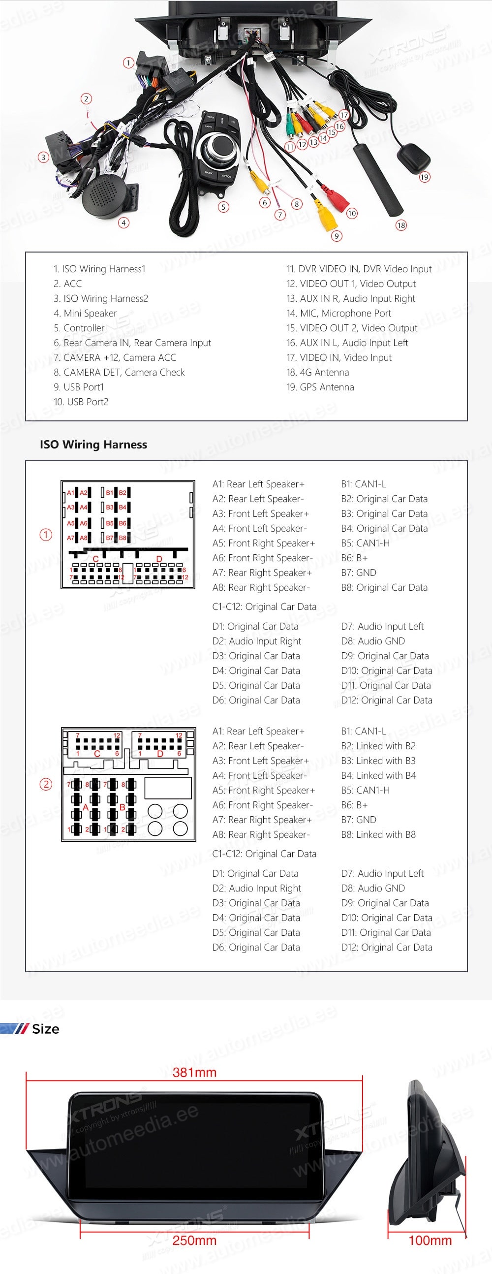 BMW X1 E84 (2009-2015) w/o orig. screen  XTRONS QSB12X1UN XTRONS QSB12X1UN Wiring Diagram and size