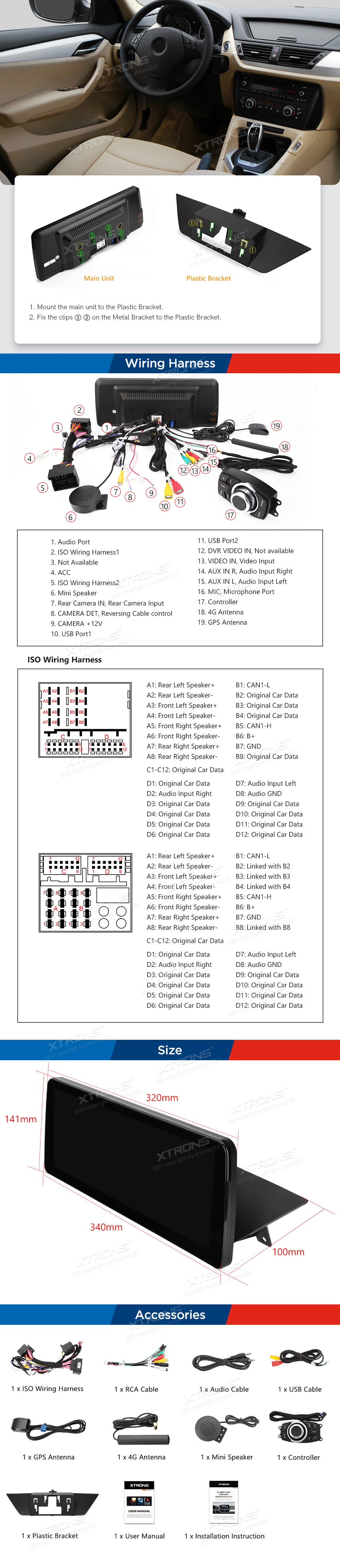 BMW X1 E84 (2009-2015) w/o orig. screen  XTRONS QXB22X1UN XTRONS QXB22X1UN Wiring Diagram and size