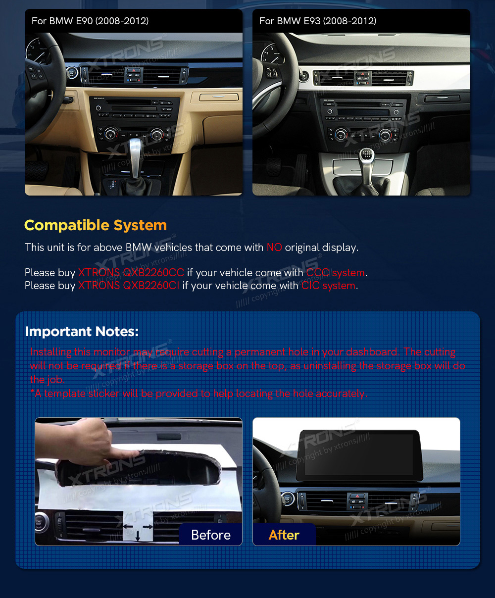 BMW 3. ser. E90 | E91 | E92 | E93 (2005-2012) w/o orig. screen  custom fit multimedia radio suitability for the car