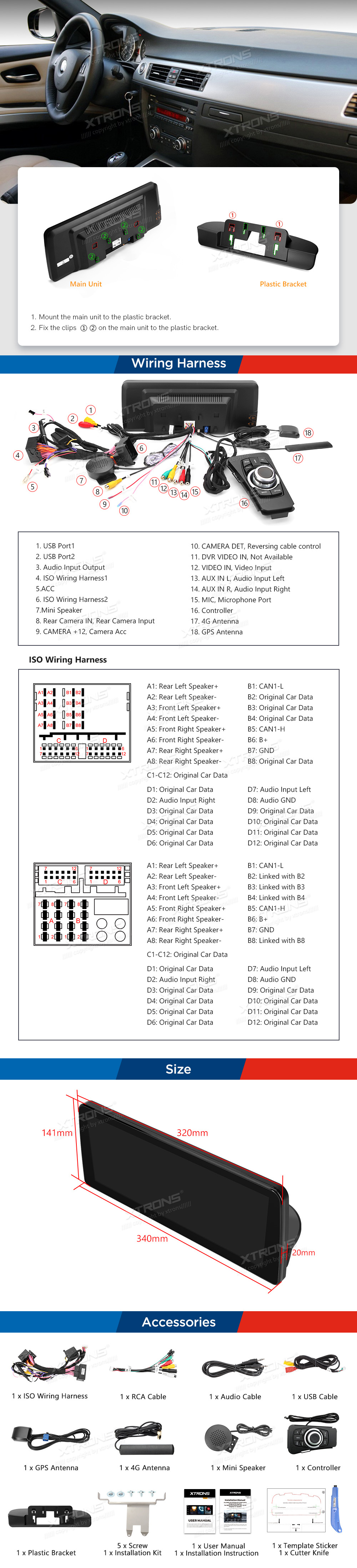 BMW 3. ser. E90 | E91 | E92 | E93 (2005-2012) w/o orig. screen  XTRONS QXB2290UN_L XTRONS QXB2290UN_L Wiring Diagram and size