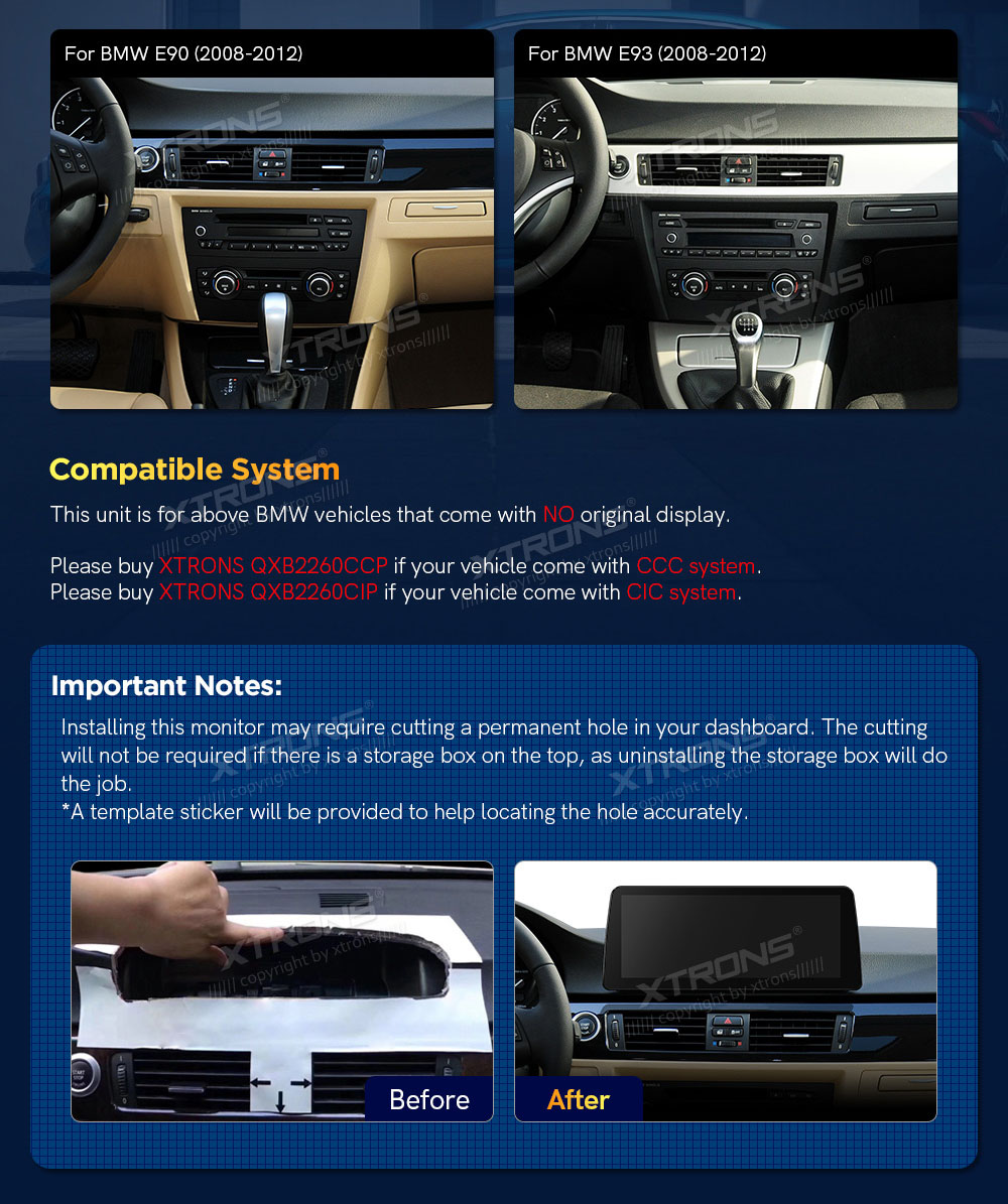 BMW 3. ser. E90 | E91 | E92 | E93 (2005-2012) w/o orig. screen  custom fit multimedia radio suitability for the car