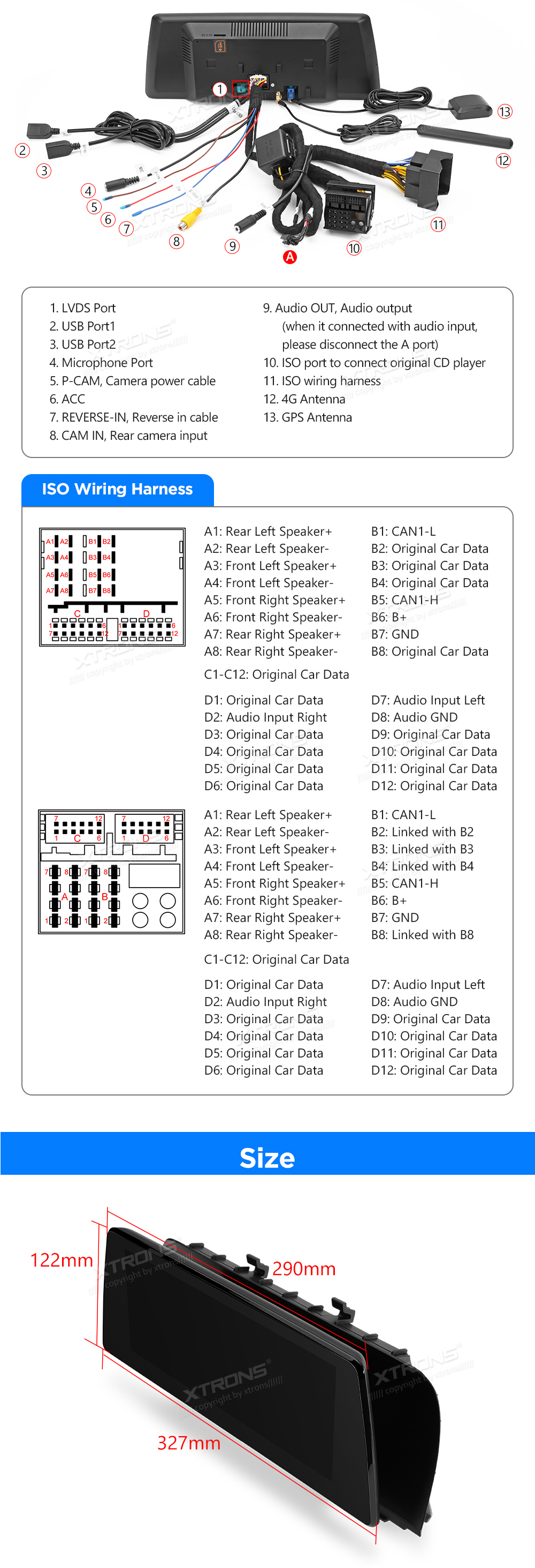 XTRONS QAB12CIB12FV XTRONS QAB12CIB12FV mõõdud ühendamine ja pistikute skeem