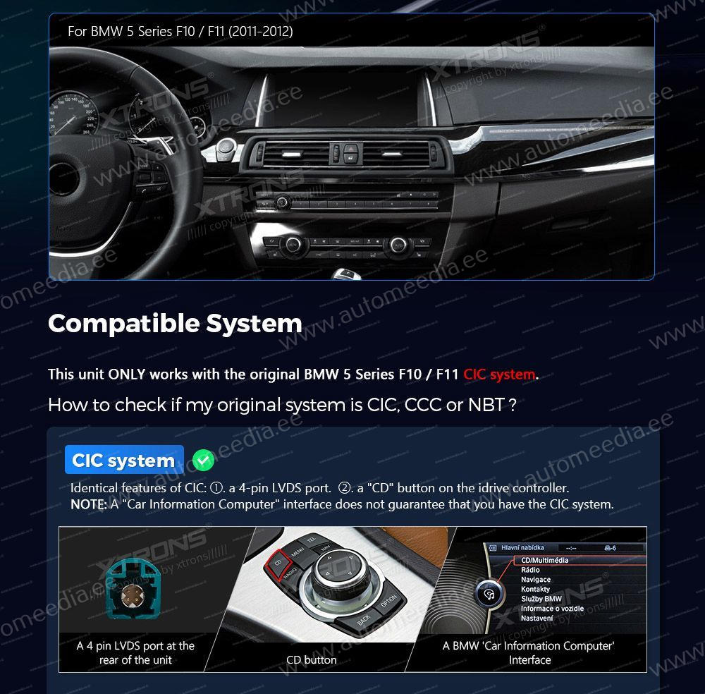BMW 5. ser. BMW F10 | F11 iDrive CIC (2010-2012)  совместимость мультимедийного радио в зависимости от модели автомобиля