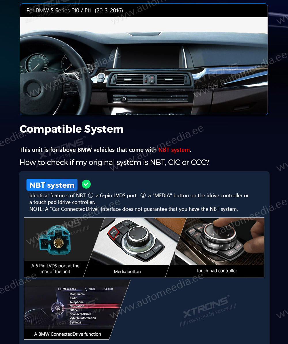 BMW 5. ser. BMW F10 | F11 iDrive NBT (2013-2016)  custom fit multimedia radio suitability for the car