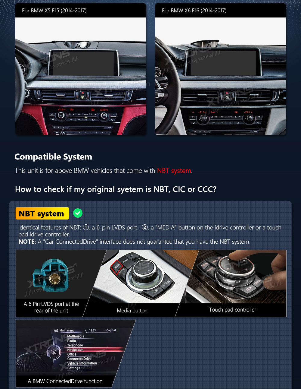 BMW X5 | X6 | F15 | F16 iDrive NBT (2014-2016)  custom fit multimedia radio suitability for the car