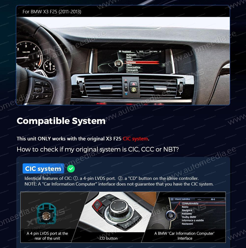 BMW X3 F25 iDrive CIC (2011-2013)  custom fit multimedia radio suitability for the car