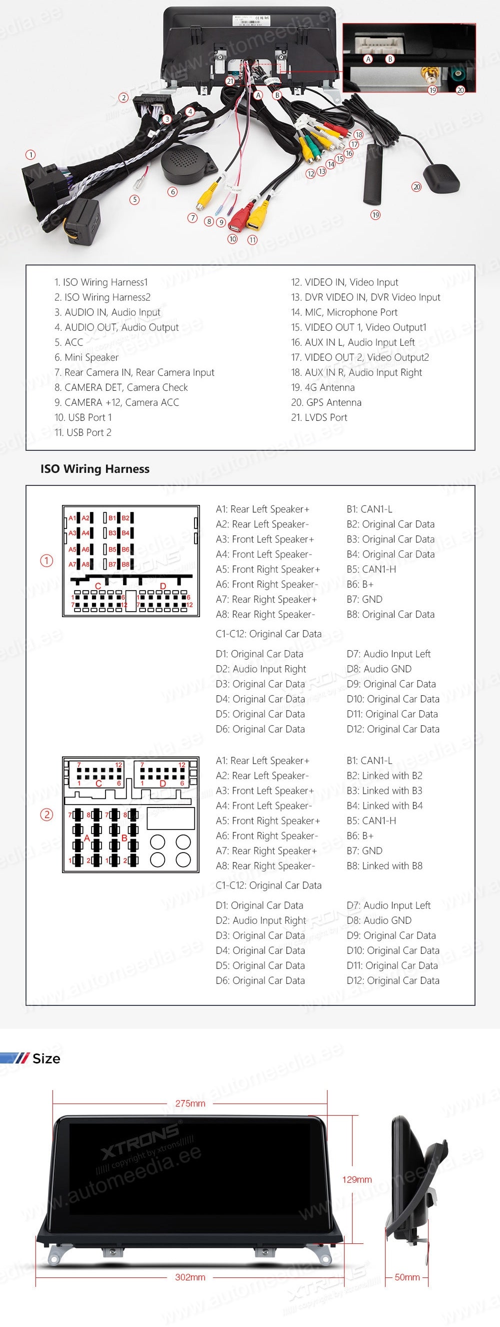 XTRONS QSB82X3CI XTRONS QSB82X3CI mõõdud ühendamine ja pistikute skeem