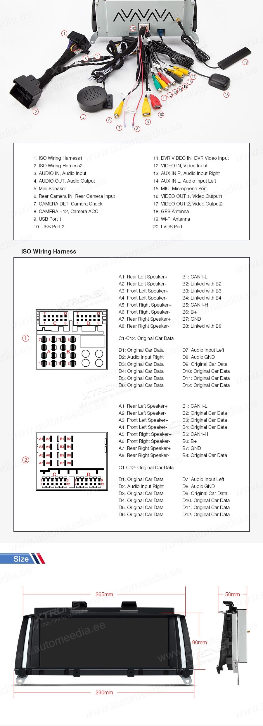 XTRONS QSB82X3NB XTRONS QSB82X3NB mõõdud ühendamine ja pistikute skeem