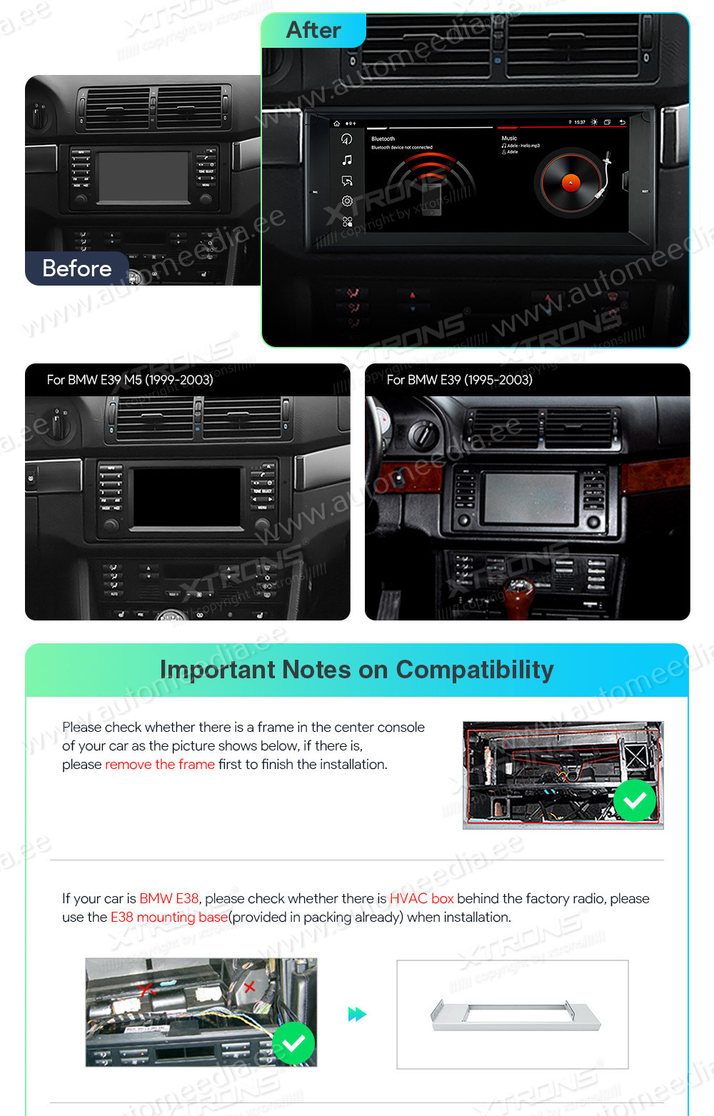 BMW 5. seeria E39 (1995-2004) | 7. seeria E38 (1994-2001)  совместимость мультимедийного радио в зависимости от модели автомобиля