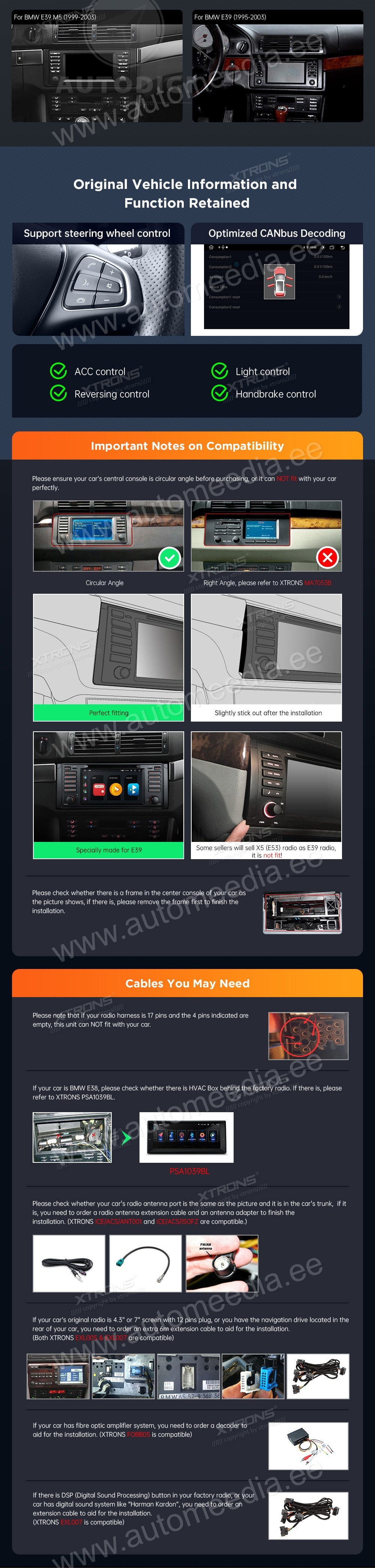 BMW 5. seeria E39 (1995-2004) XTRONS MA7039B XTRONS MA7039B custom fit multimedia radio suitability for the car