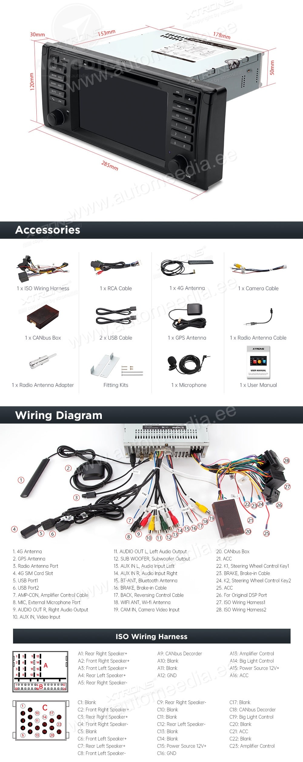 BMW 5. seeria E39 (1995-2004) XTRONS MA7039B XTRONS MA7039B Wiring Diagram and size