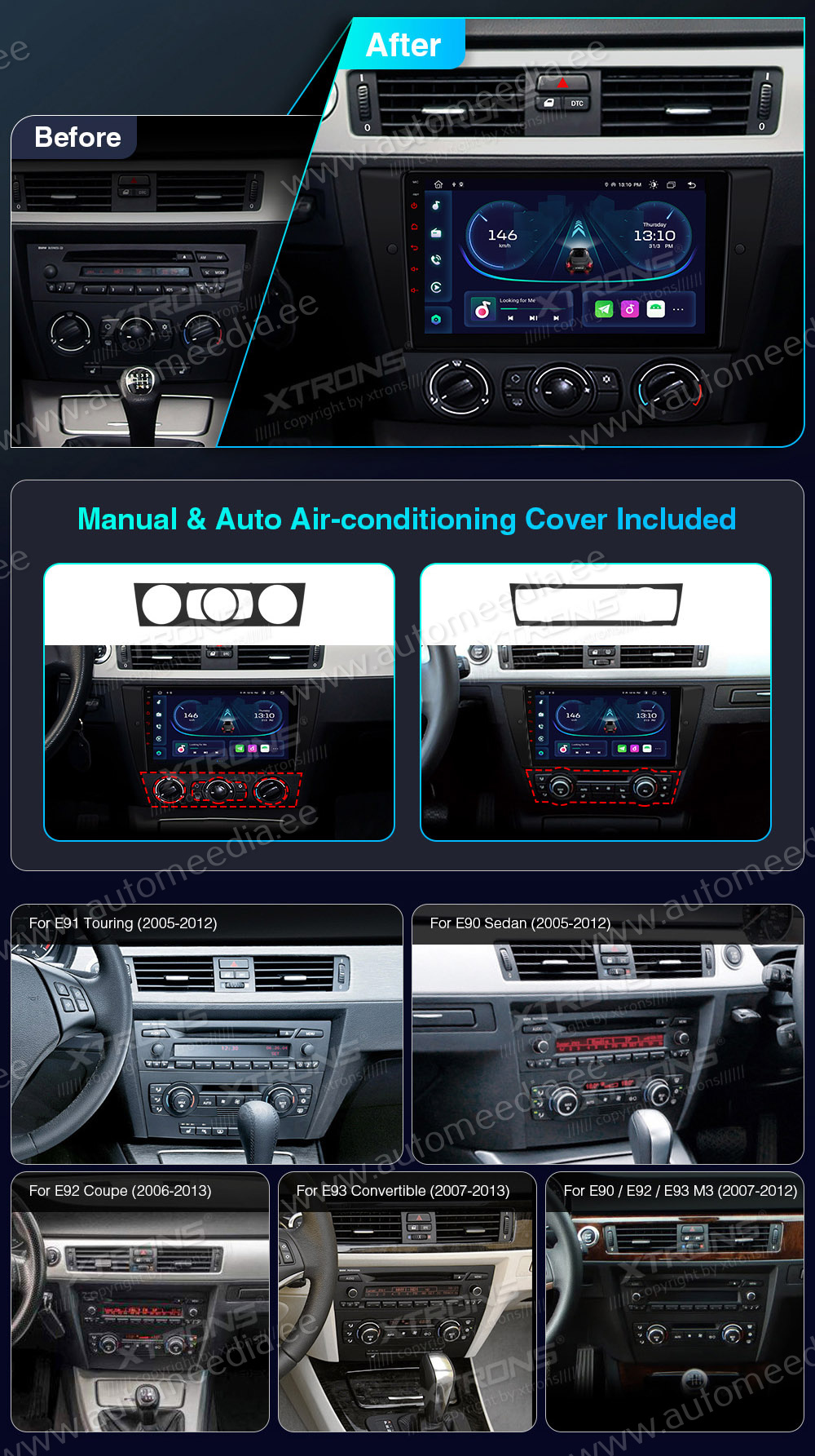 BMW 3. seeria E90 | E91 | E92 | E93 (2005-2012) ilma originaal ekraanita autole совместимость мультимедийного радио в зависимости от модели автомобиля