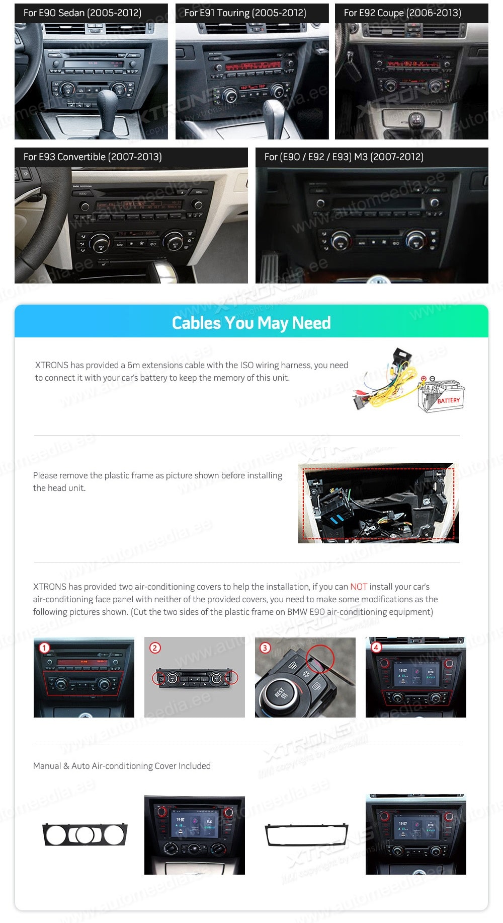 BMW 3. seeria E90 | E91 | E92 | E93 (2005-2012) ilma originaal ekraanita autole XTRONS PQS7090B XTRONS PQS7090B raadio sobivus autole